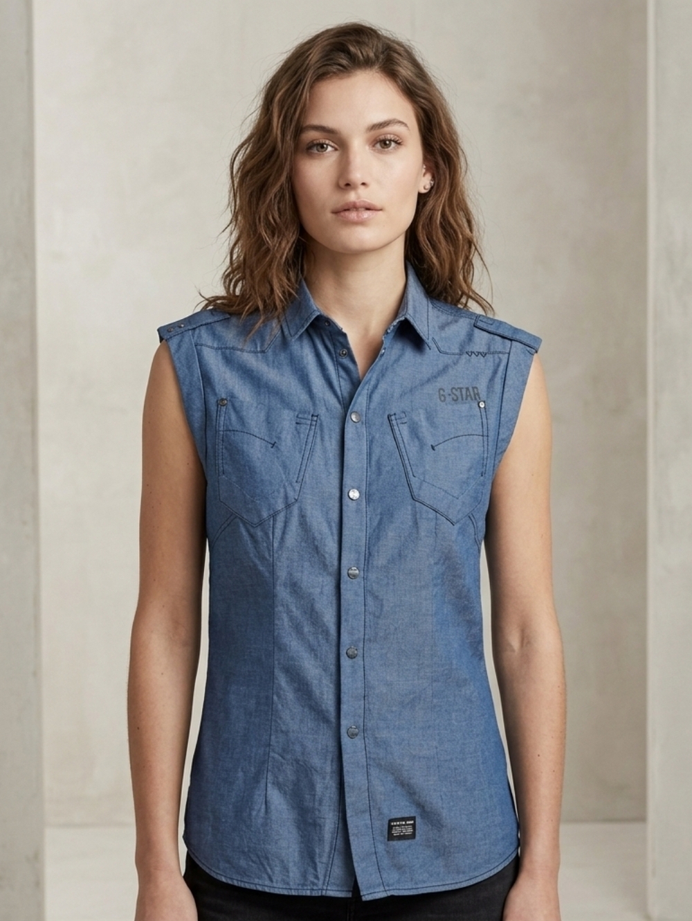 G-Star Raw Denim Sleeveless Snap Button Front Western Shirt